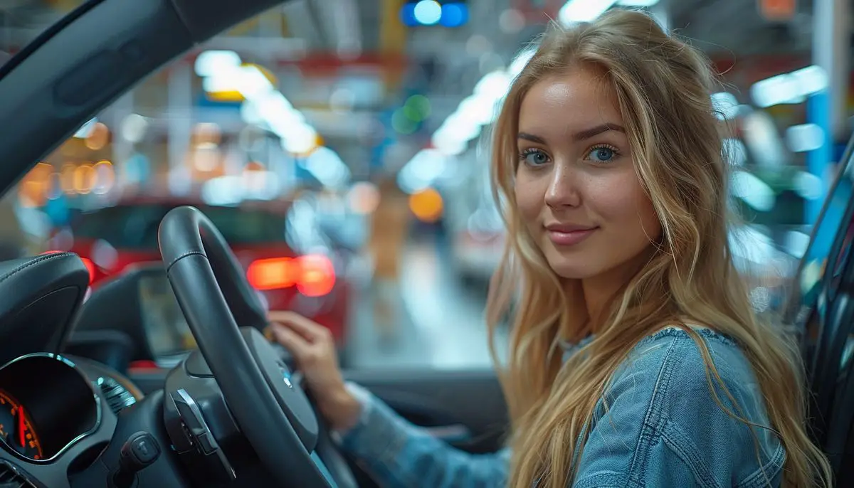 Woman inspecting the interior of a preowned electric vehicle for sale.