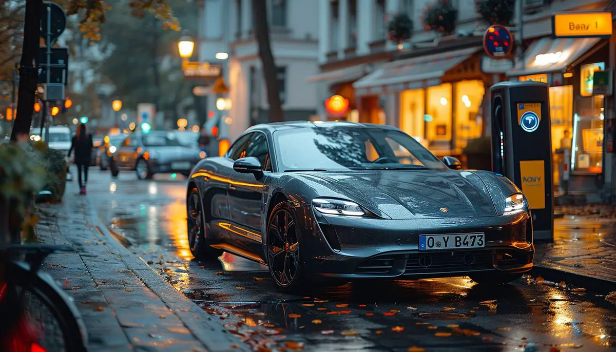 Urban landscape with fastcharging stations revolutionizing the electric vehicle industry.