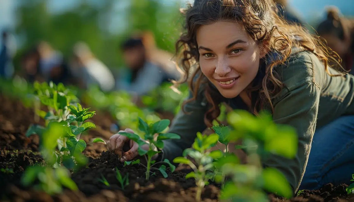 People planting trees in a community garden for a greener future.